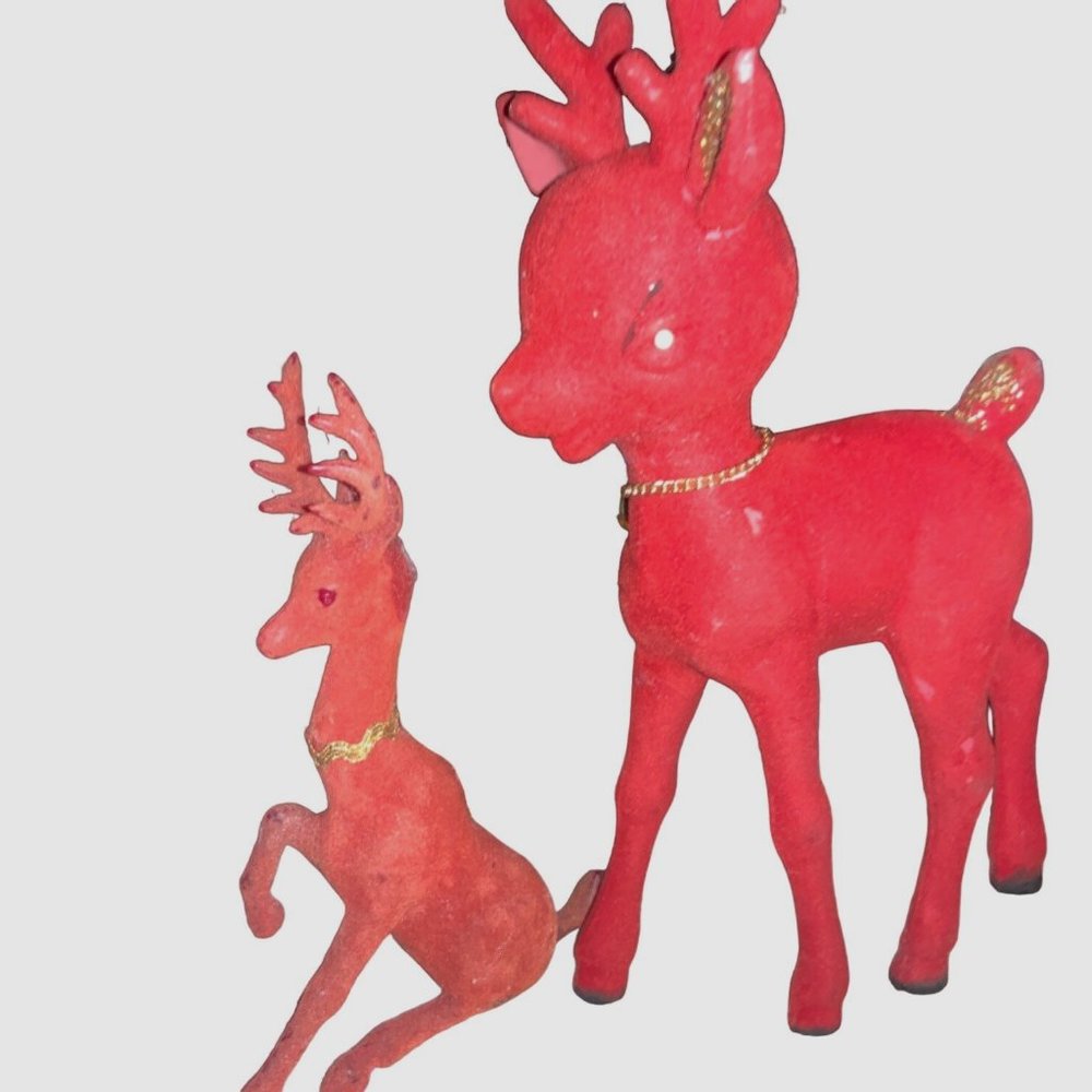 Red Flocked Felt Christmas Reindeer 2 Vintage Deer